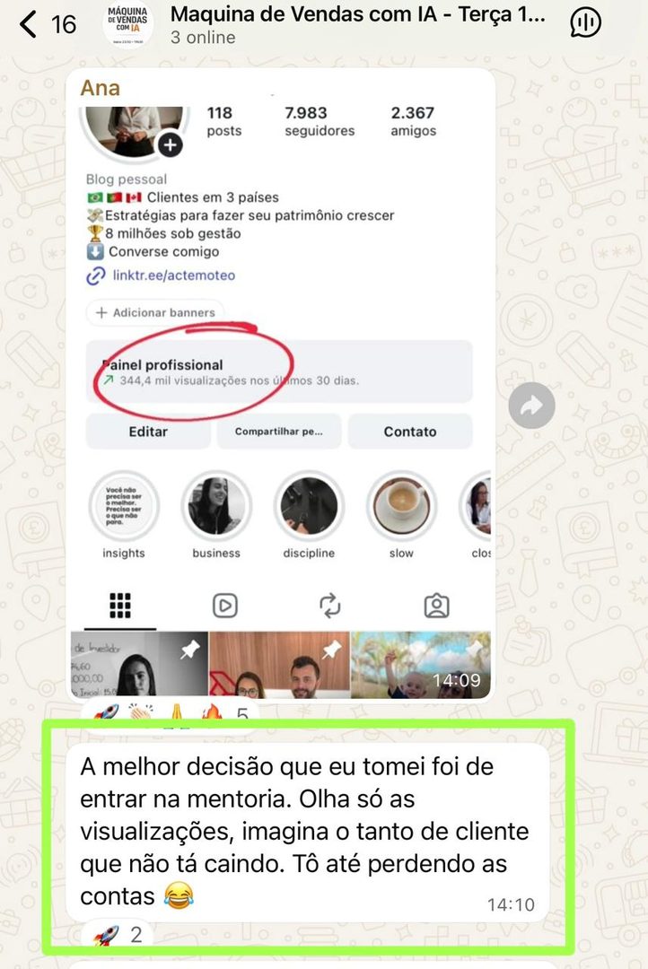 Perfil de aluna com 344 mil visualizações e 8 milhões sob gestão